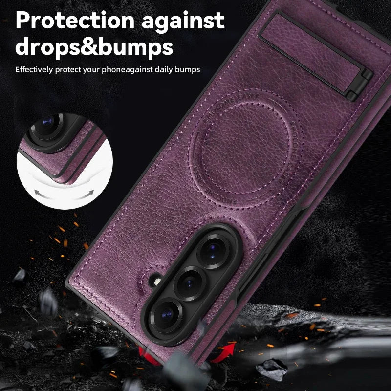 Luxury Magnetic Leather Case Z FOLD 7 - 3 Shockproof Magnetic Holder Stand Cover
