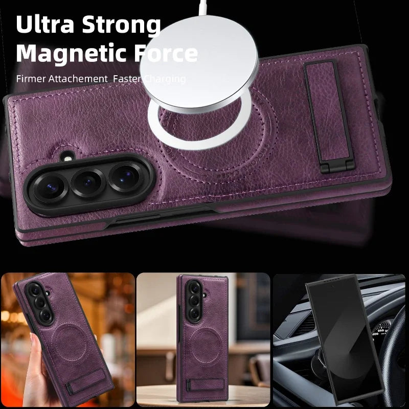 Luxury Magnetic Leather Case Z FOLD 7 - 3 Shockproof Magnetic Holder Stand Cover